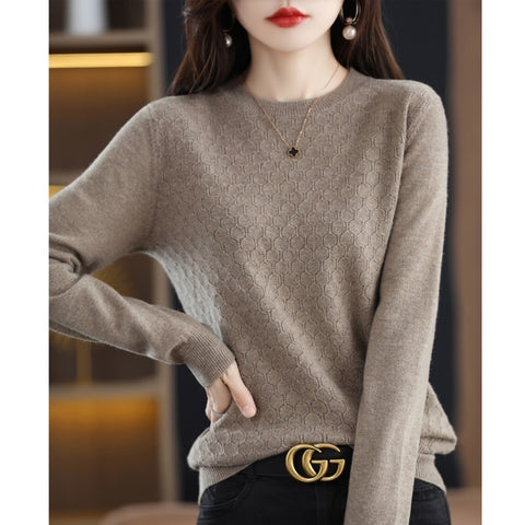 Women Wool Sweater Round Neck Hollow Diamond Comfortable