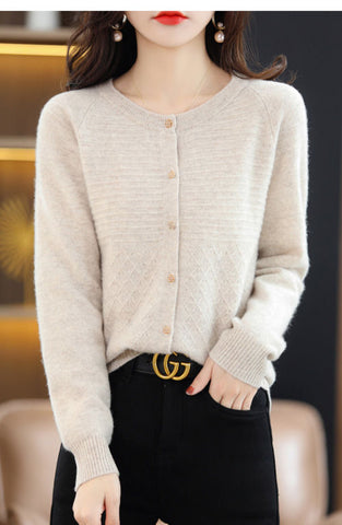 O-Neck Button Spliced Knitted Cardigan Sweater Women Tops Loose Coat