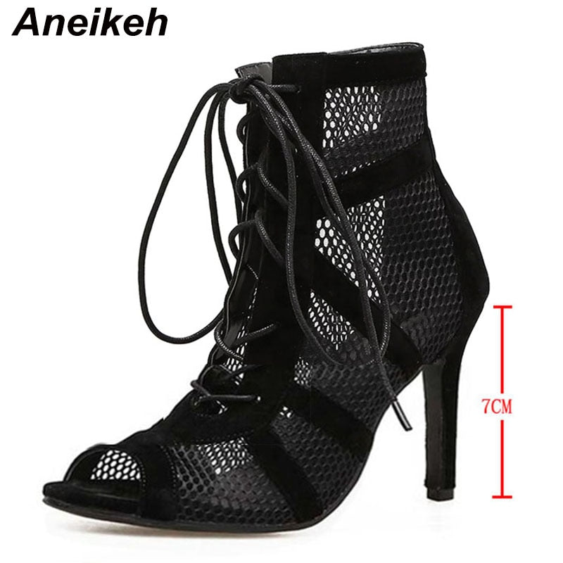 Sandals Boots Women High Heels Hollow Out Mesh Lace-Up Cross-tied Boots