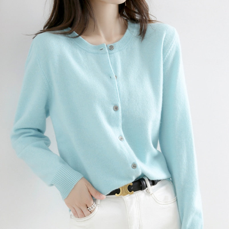 Cardigan Sweater Top Knit Long Sleeves Women's Round Neck Short Wool