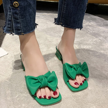 Bowknot Slippers Women Low Heels Square Toe Slides Square Heels