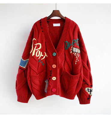 Women Sweater Comfortable Cardigan Letter Red