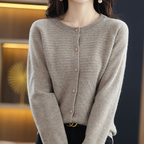 O-Neck Button Spliced Knitted Cardigan Sweater Women Tops Loose Coat