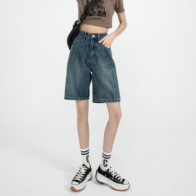 Knee-length Denim Shorts Women High Waist Wide Leg Jeans