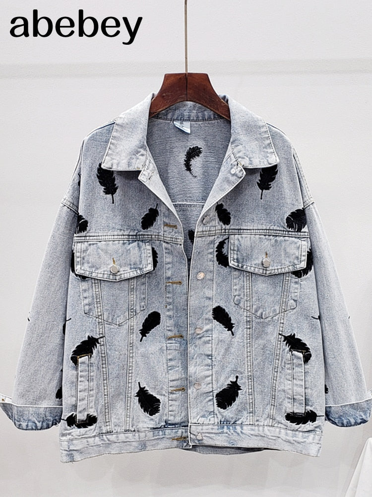 Embroidered Feathers Denim Jacket Women bomber Jacket Coat Chic