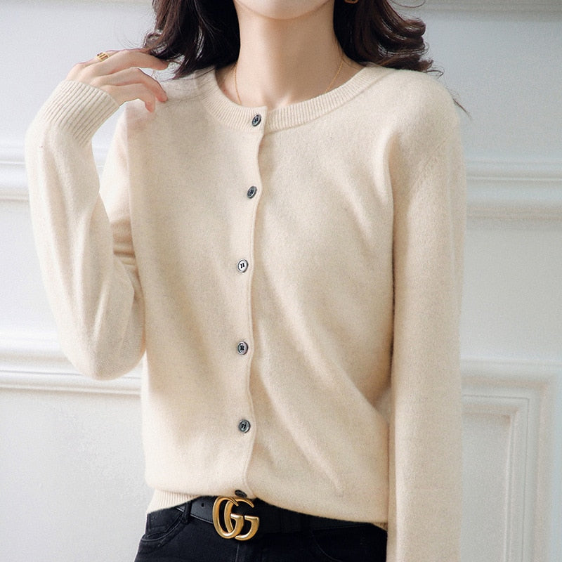 Cardigan Sweater Top Knit Long Sleeves Women's Round Neck Short Wool