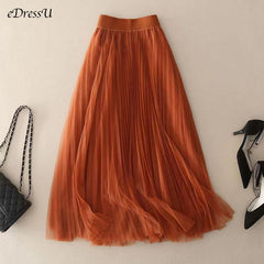 Tulle Long Skirt Women Pleated Skirt Elegant A-line High Quality Vintage Bottom