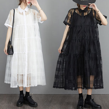 Loose Patchwork Pleated Two-piece Sling Shirt Collar Dress Knee Length Skirt