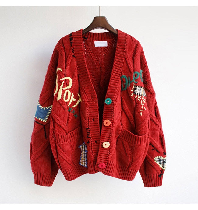 Women Sweater Comfortable Cardigan Letter Red