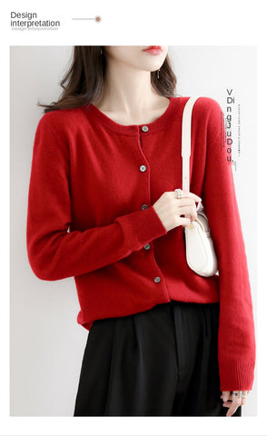 Cardigan Sweater Top Knit Long Sleeves Women's Round Neck Short Wool