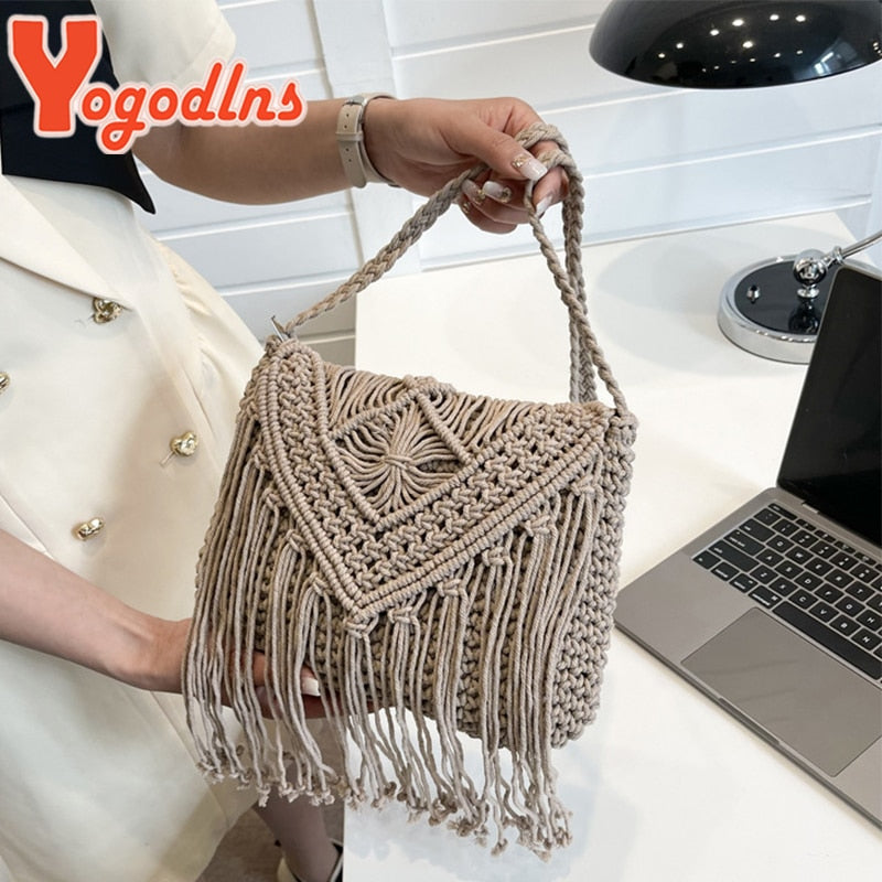 Tassel Straw Bag Women Handmade Woven Shoulder Bag