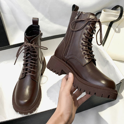 Brown Pu Leather Ankle Boots for Women Short Plush Motorcycle Boots