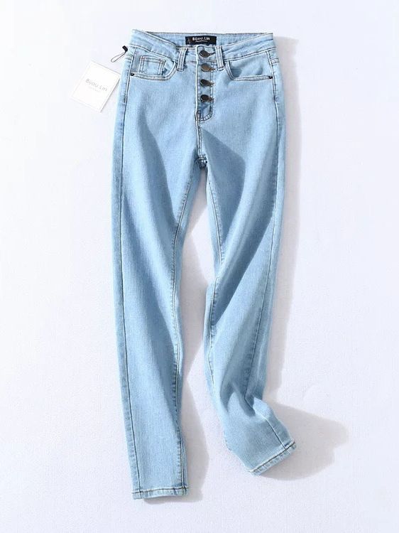 Four Buttons High Waist Pencil Jeans Women Slim Fit Pants Trousers