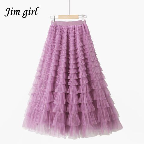 Tulle Long Skirts Womens High Waist A-Line Tutu Skirt Mesh Pleated Maxi Skirt
