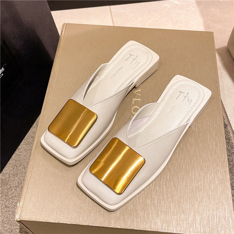 Women Slippers Buckle Mules Flat Heels Square Toe Shallow Shoes Slide