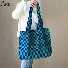 Women Checkered Shoulder Bag Woolen Knitted Classic Color Bags Tote