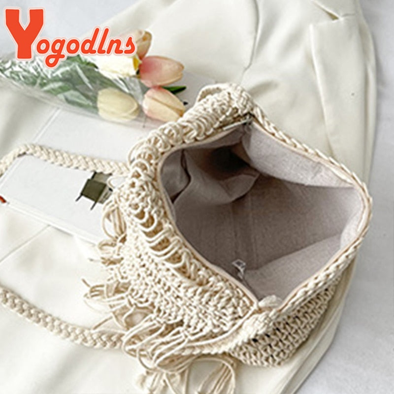 Tassel Straw Bag Women Handmade Woven Shoulder Bag