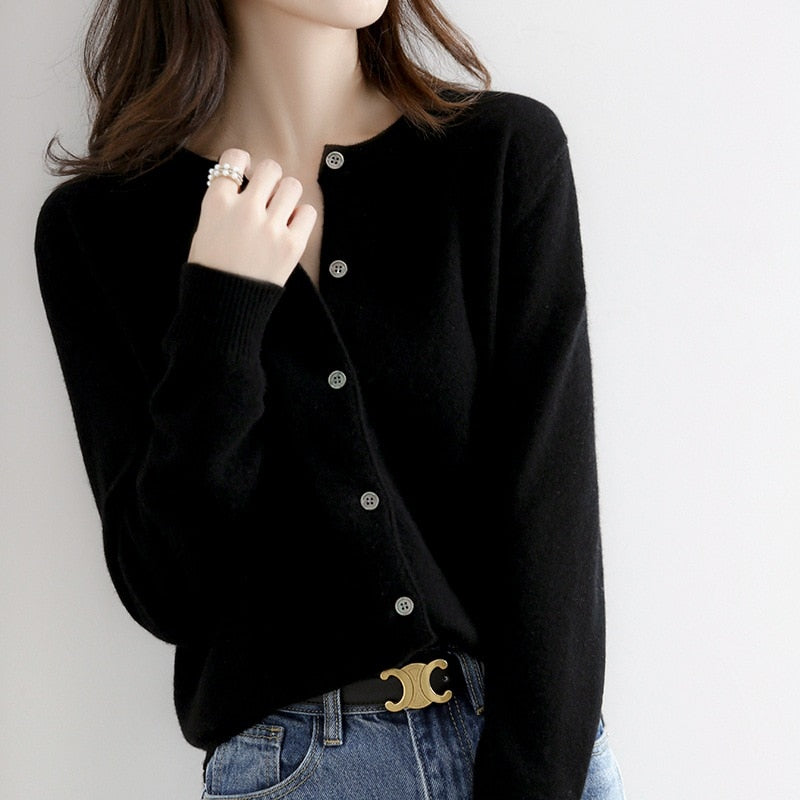 Cardigan Sweater Top Knit Long Sleeves Women's Round Neck Short Wool