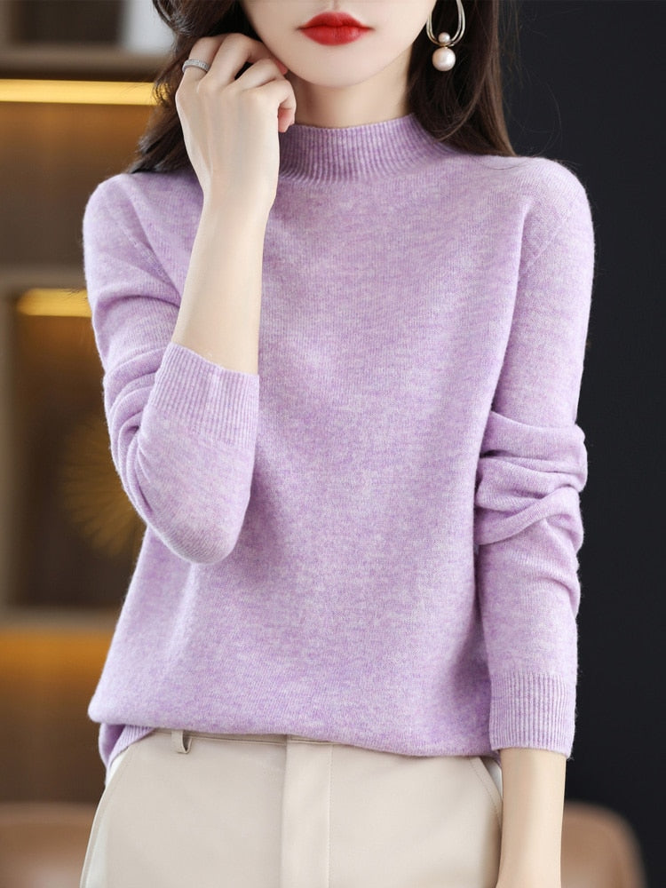 Seamless Half Turtleneck Knitted Sweater Women Long-Sleeved Sweater