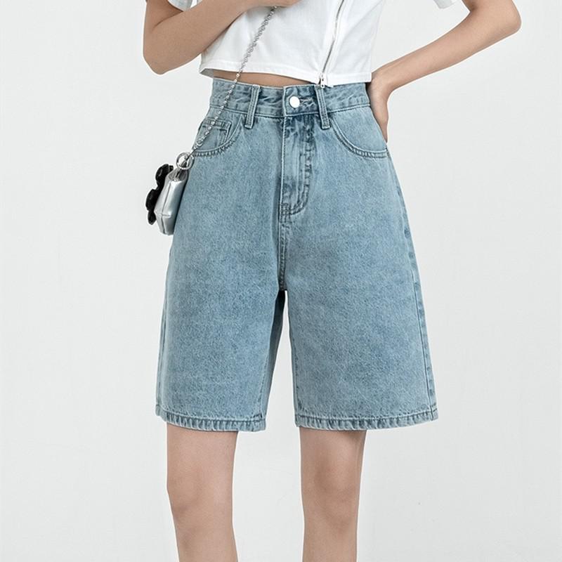 Knee-length Denim Shorts Women High Waist Wide Leg Jeans