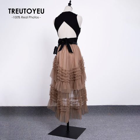 High Low Style Tulle Pleated Skirt Maxi Long Skirts Womens