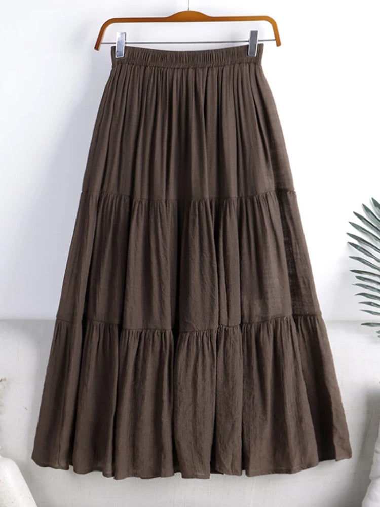 Maxi Skirt Woman A-Line Skirts Minimalist Cotton Linen Pleated Skirts