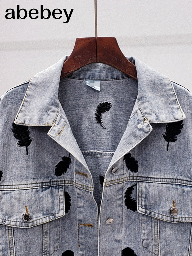 Embroidered Feathers Denim Jacket Women bomber Jacket Coat Chic