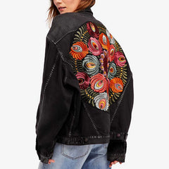 floral Embroidered Denim Jacket Black Chic Jacket Women Warm Jacket Coat