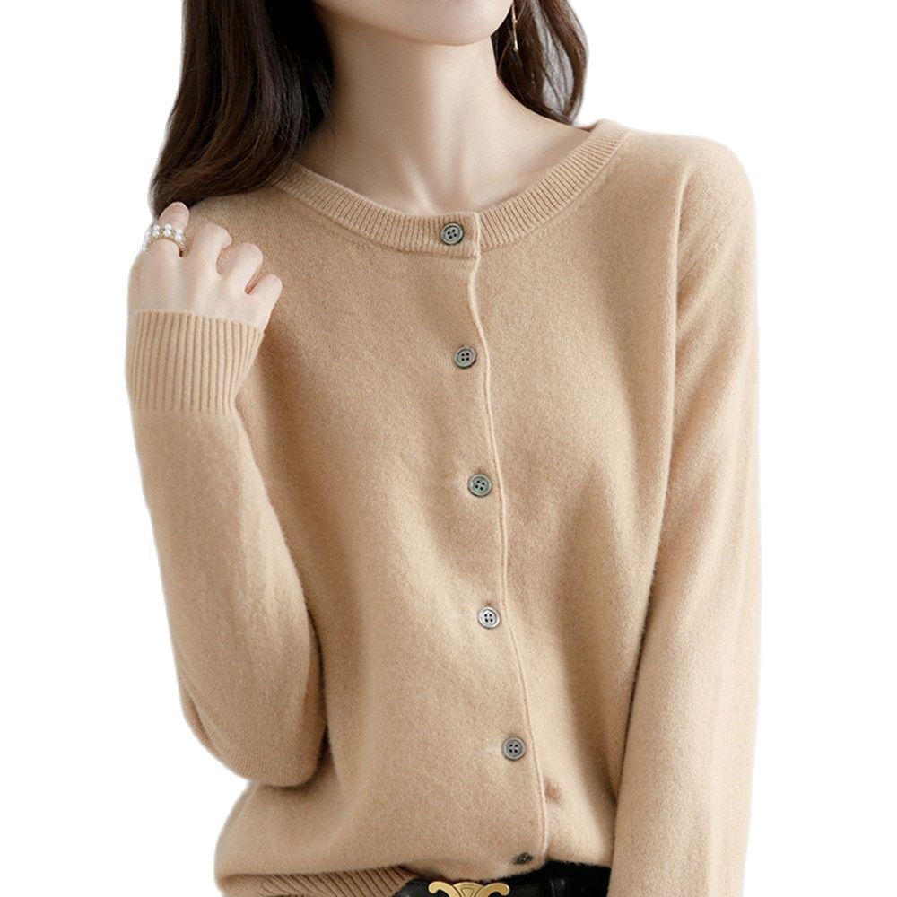 Cardigan Sweater Top Knit Long Sleeves Women's Round Neck Short Wool