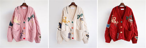 Women Sweater Comfortable Cardigan Letter Red