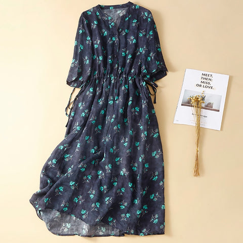 Vintage Floral Print Dress V-Neck Short Sleeve High Waist