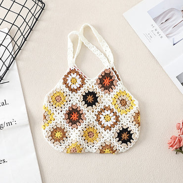 Women Tote Floral Crochet Knitted Bag Handmade Cut-out Bag Hollow Out Handbag