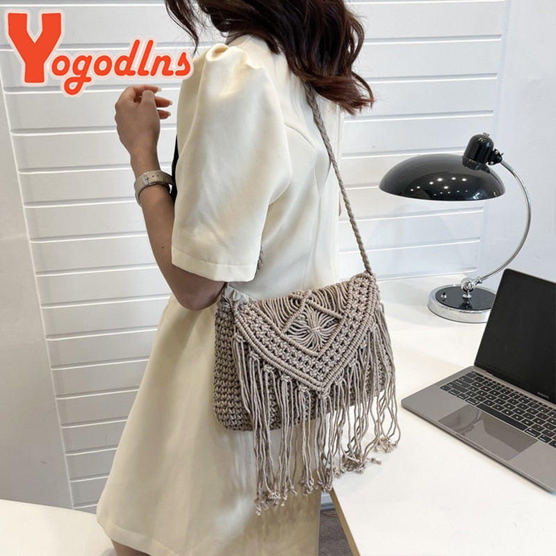 Tassel Straw Bag Women Handmade Woven Shoulder Bag