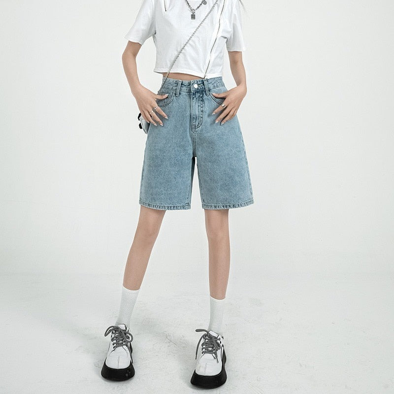 Knee-length Denim Shorts Women High Waist Wide Leg Jeans