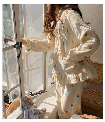 Women Sleepwear Loose Pajamas Flannel Pullover