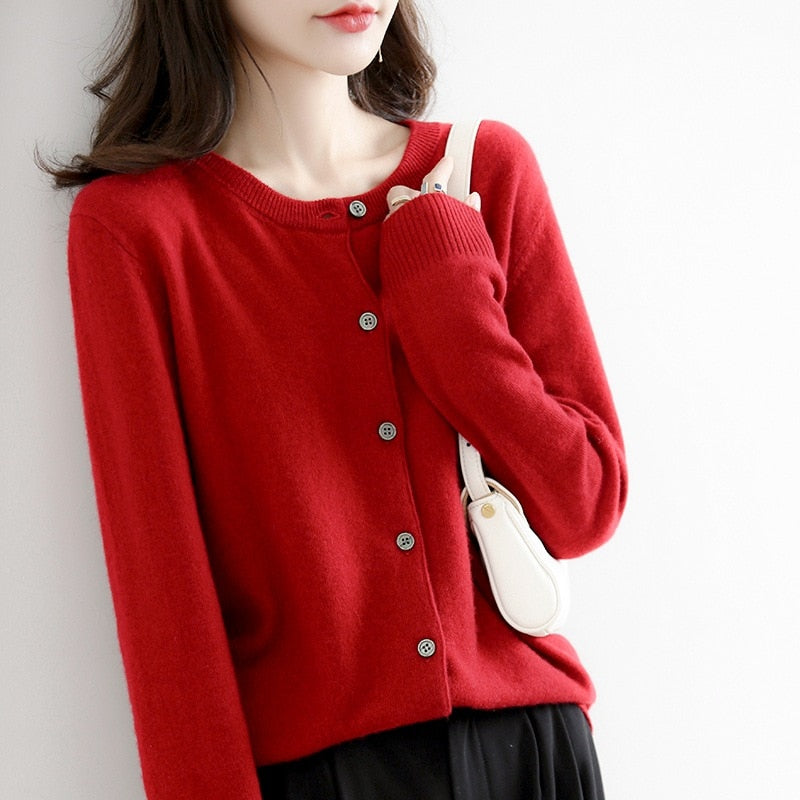 Cardigan Sweater Top Knit Long Sleeves Women's Round Neck Short Wool