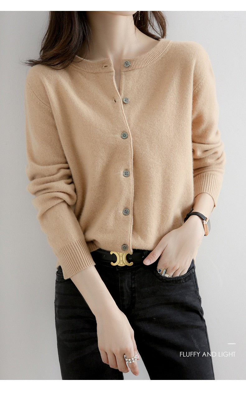 Cardigan Sweater Top Knit Long Sleeves Women's Round Neck Short Wool