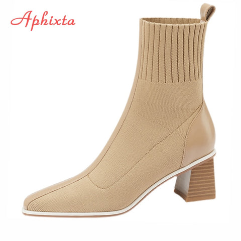 Chunky Heel Sock Boots Women Stretch Pointed Toe Shoes