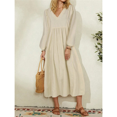 Cotton Linen Dress Women Midi Dress A-Line Loose Beach Dress