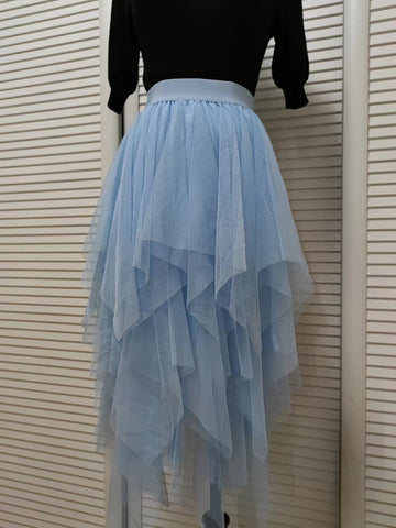 Tutu Tulle Skirt Women Irregular Contrast Pleated Maxi Skirt High Low Asymmetrical Skirt