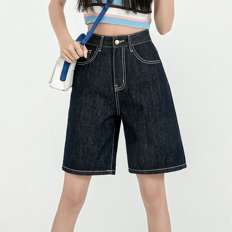 Knee-length Denim Shorts Women High Waist Wide Leg Jeans