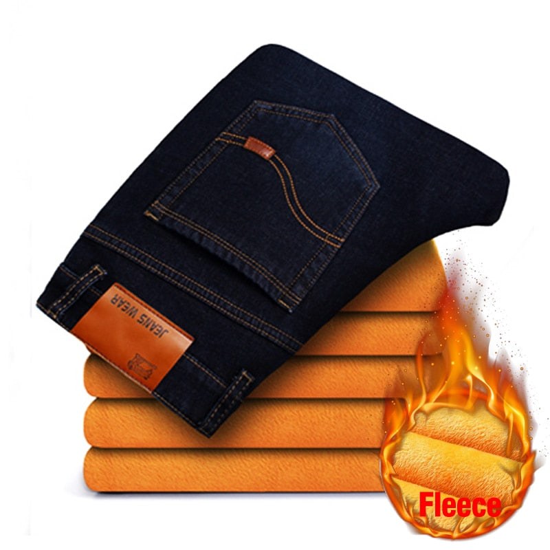 Men Warm Jeans Business Thick Slim Denim Pants Trousers