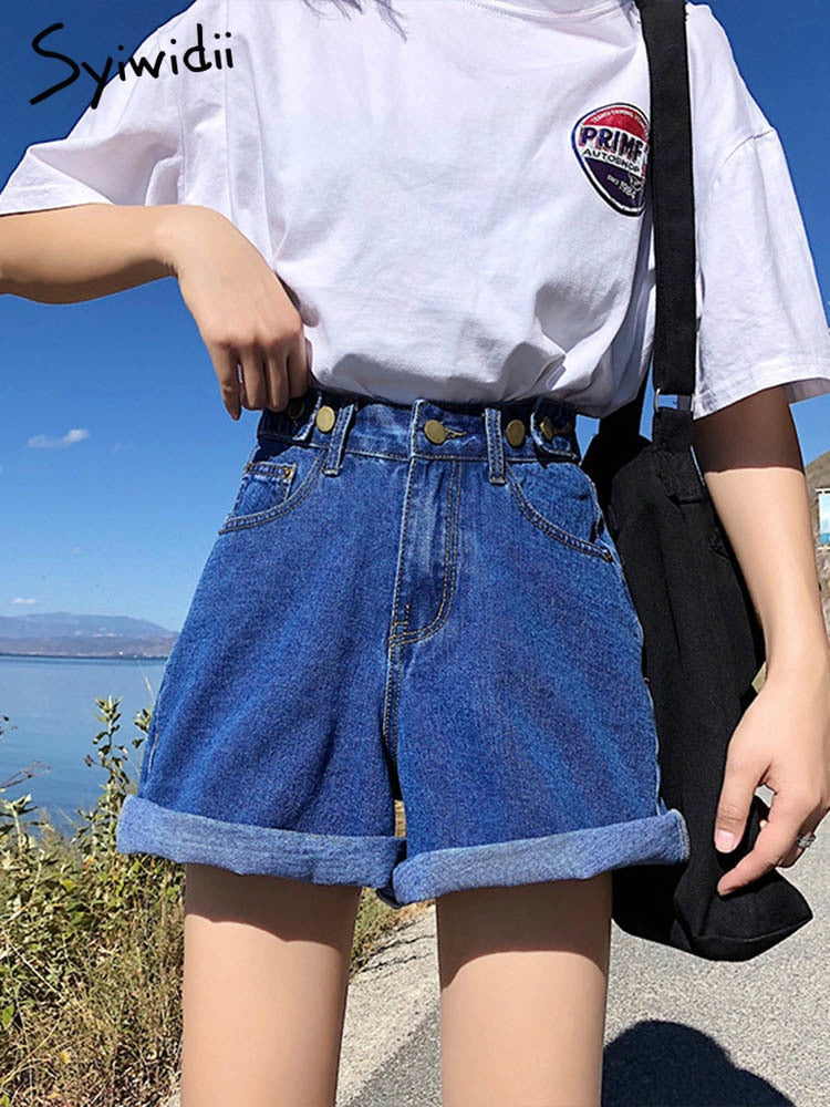 Women Shorts Hippie Button High Waist Short Wide Legs Jean Shorts