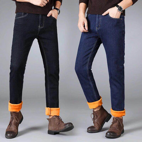 Men Warm Jeans Business Thick Slim Denim Pants Trousers