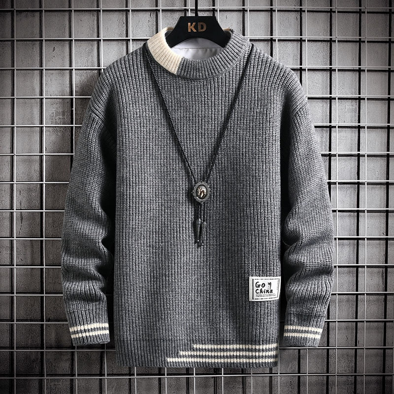 Knitted Sweater Men O-neck Long Sleeve Slim Fit Streetwear Knit Sweater