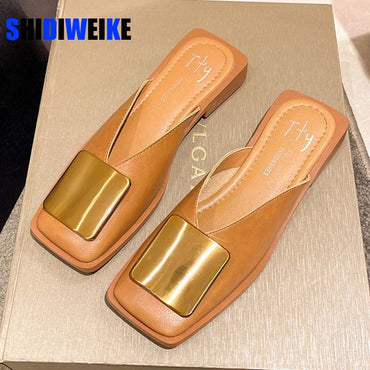 Women Slippers Buckle Mules Flat Heels Square Toe Shallow Shoes Slide