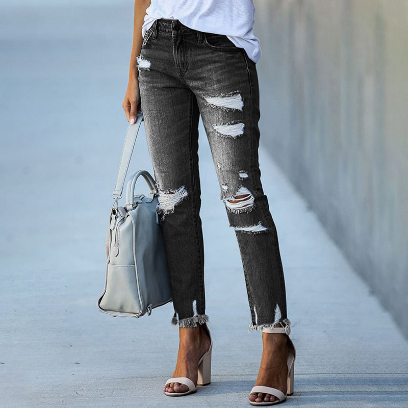 Pencil Pants Ripped Slim Fit High Waist Jeans Woman