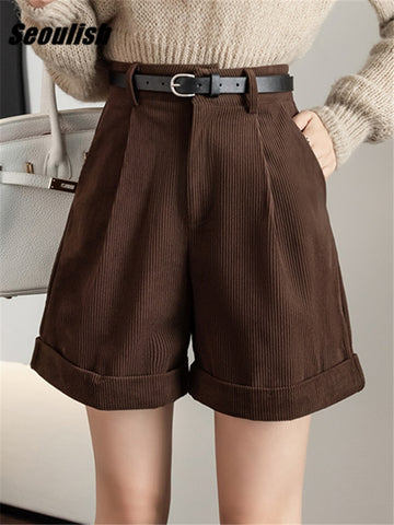 Women Shorts with Belted High Waist Wide Leg Shorts Trousers