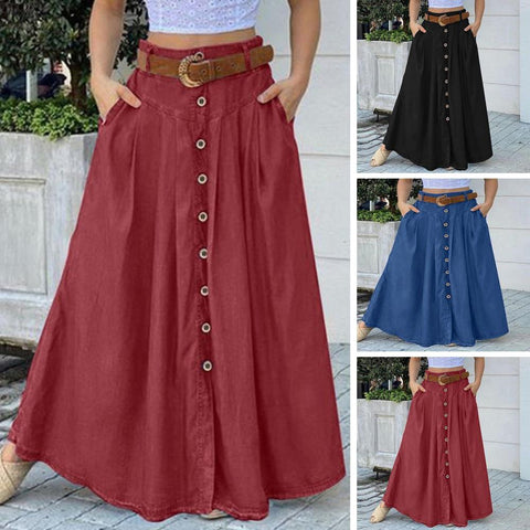 Women Skirt High Waist Button Decor A-line Maxi Skirt
