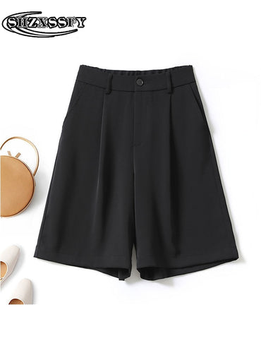 Shorts Women High Waist Button Pockets Straight Knee-Length Pants
